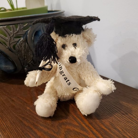 Posable Plush Bear Graduation Congrats Grad Gift Diploma Mortarboard Tan 7" tall - Picture 1 of 9